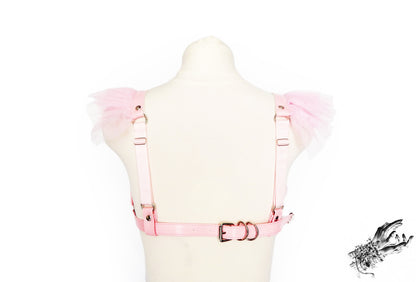 Pink Vegan Leather Ruffled Harness Bra