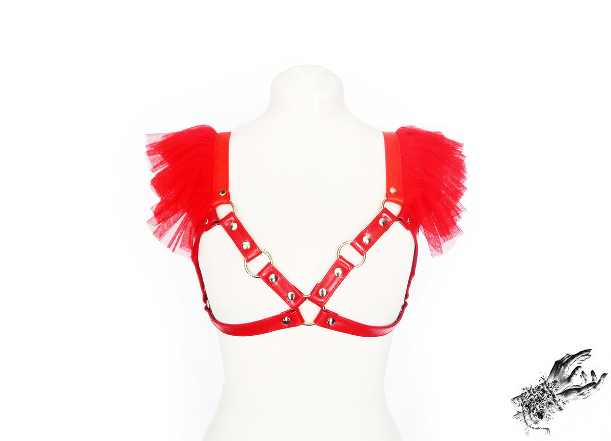 Red Vegan Leather Ruffled Harness Bra