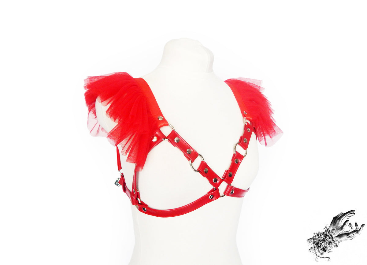 Red Vegan Leather Ruffled Harness Bra