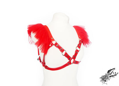 Red Vegan Leather Ruffled Harness Bra