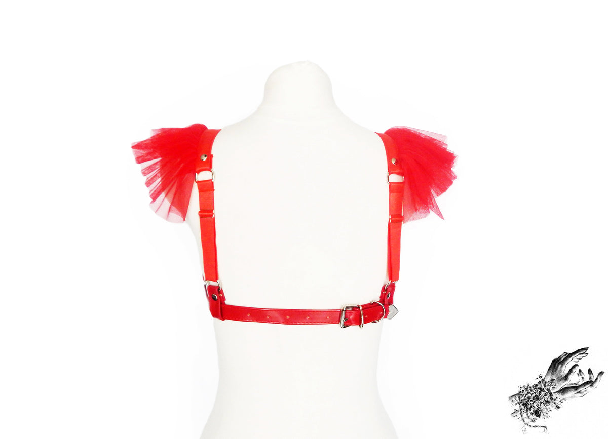 Red Vegan Leather Ruffled Harness Bra