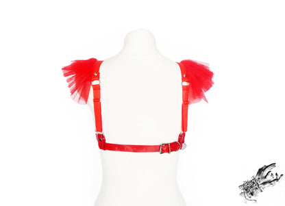 Red Vegan Leather Ruffled Harness Bra