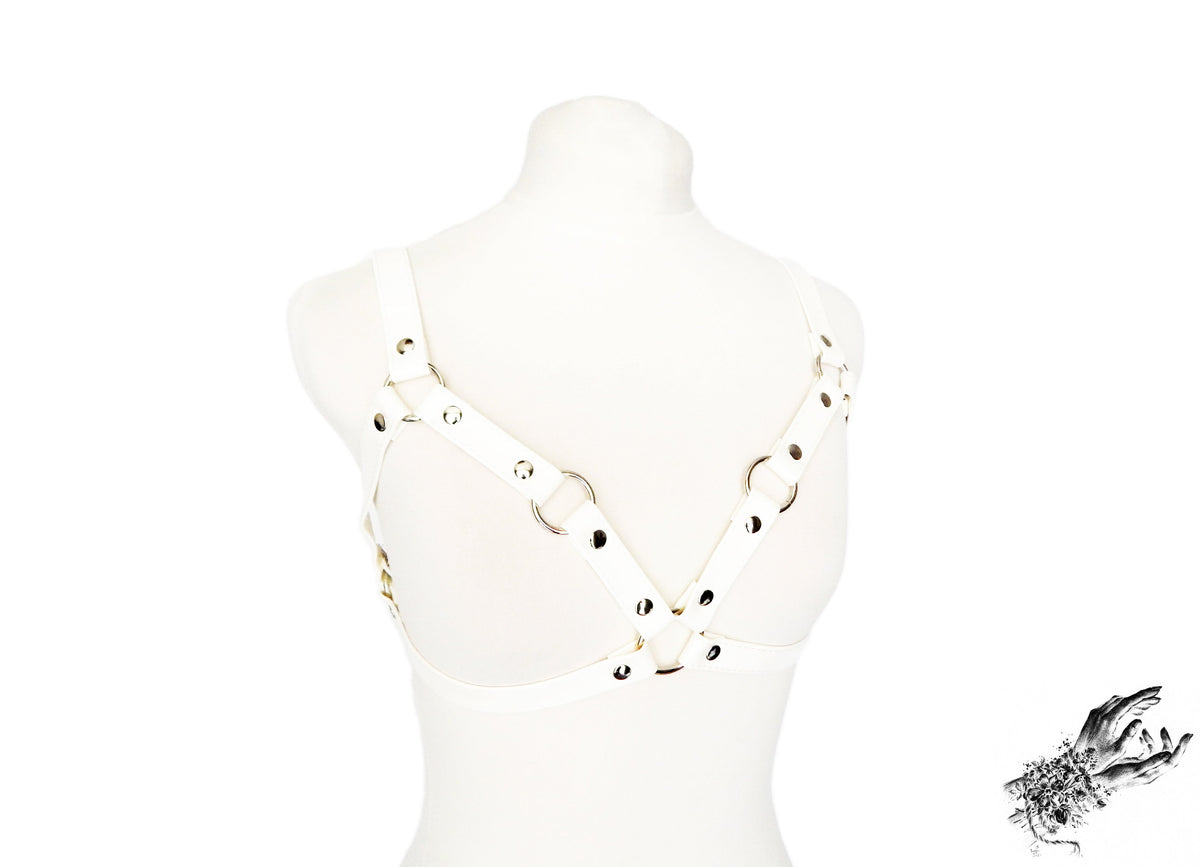 White Vegan Leather Cage Harness Bra