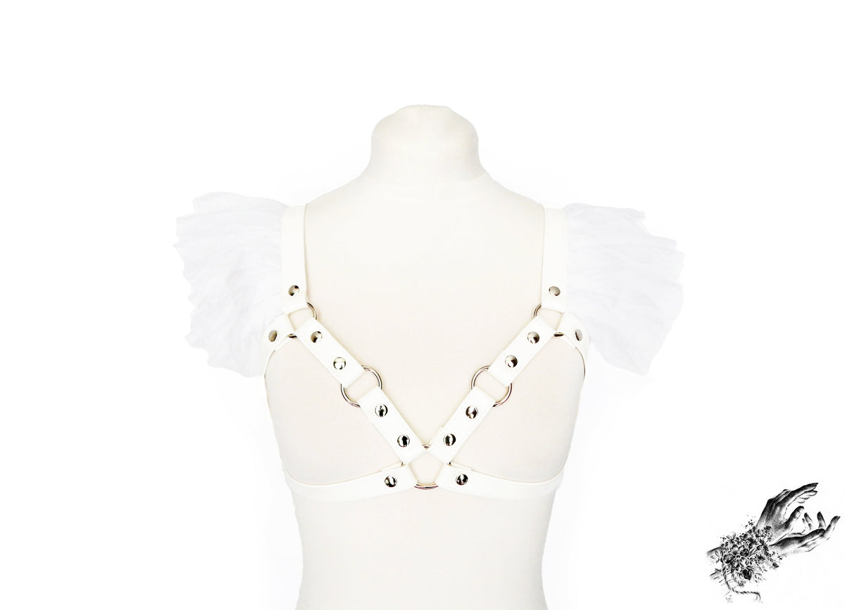 White Vegan Leather Ruffled Harness Bra