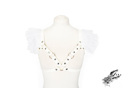 White Vegan Leather Ruffled Harness Bra