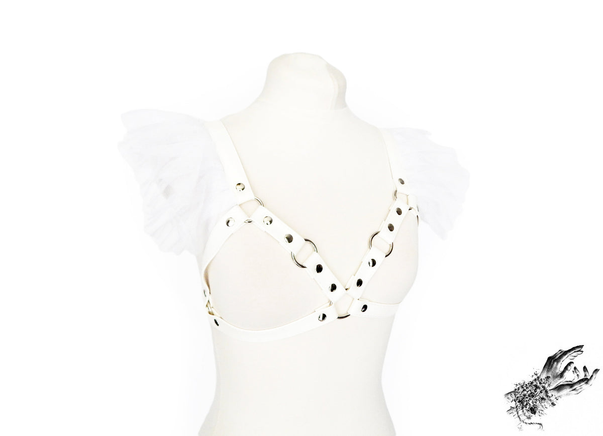 White Vegan Leather Ruffled Harness Bra