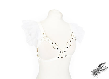 White Vegan Leather Ruffled Harness Bra