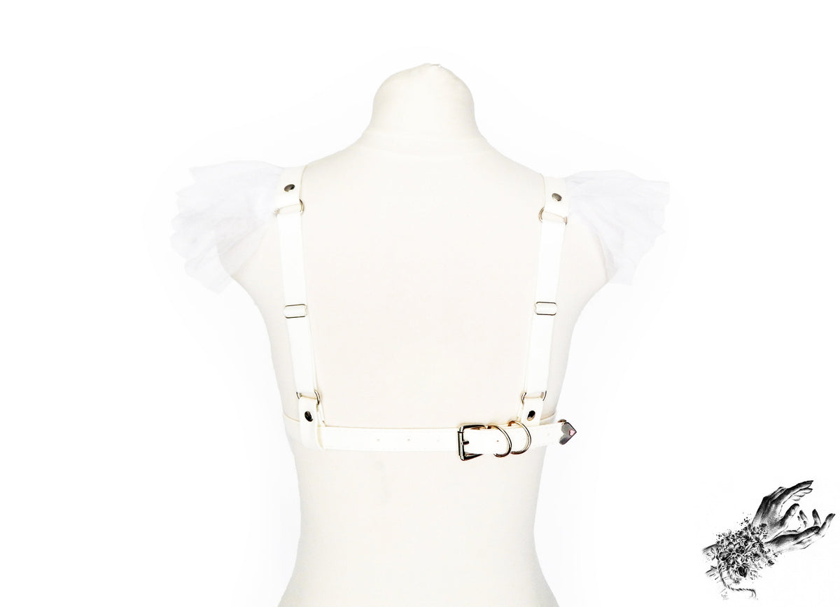 White Vegan Leather Ruffled Harness Bra
