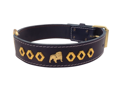 1.5" wide Leather Dog Collar with Unique Gold Design and English Bulldog Badges
