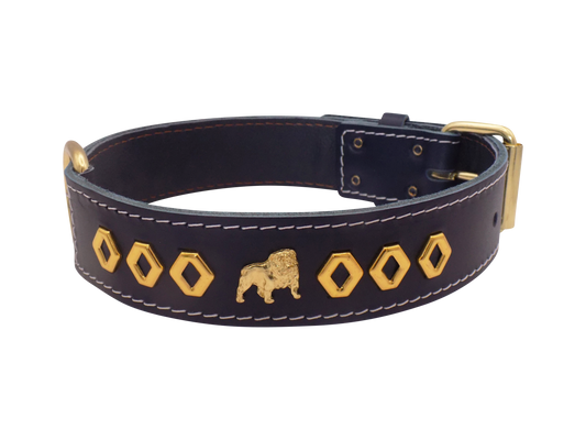 1.5" wide Leather Dog Collar with Unique Gold Design and English Bulldog Badges