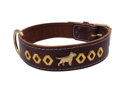 1.5" wide Leather Dog Collar with Decorative Gold Design and English Bull Terrier Badges
