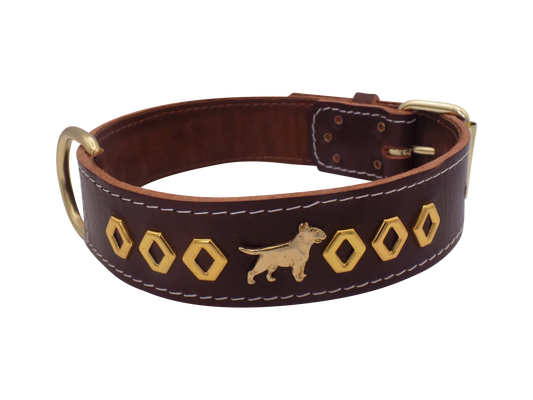 1.5" wide Leather Dog Collar with Decorative Gold Design and English Bull Terrier Badges
