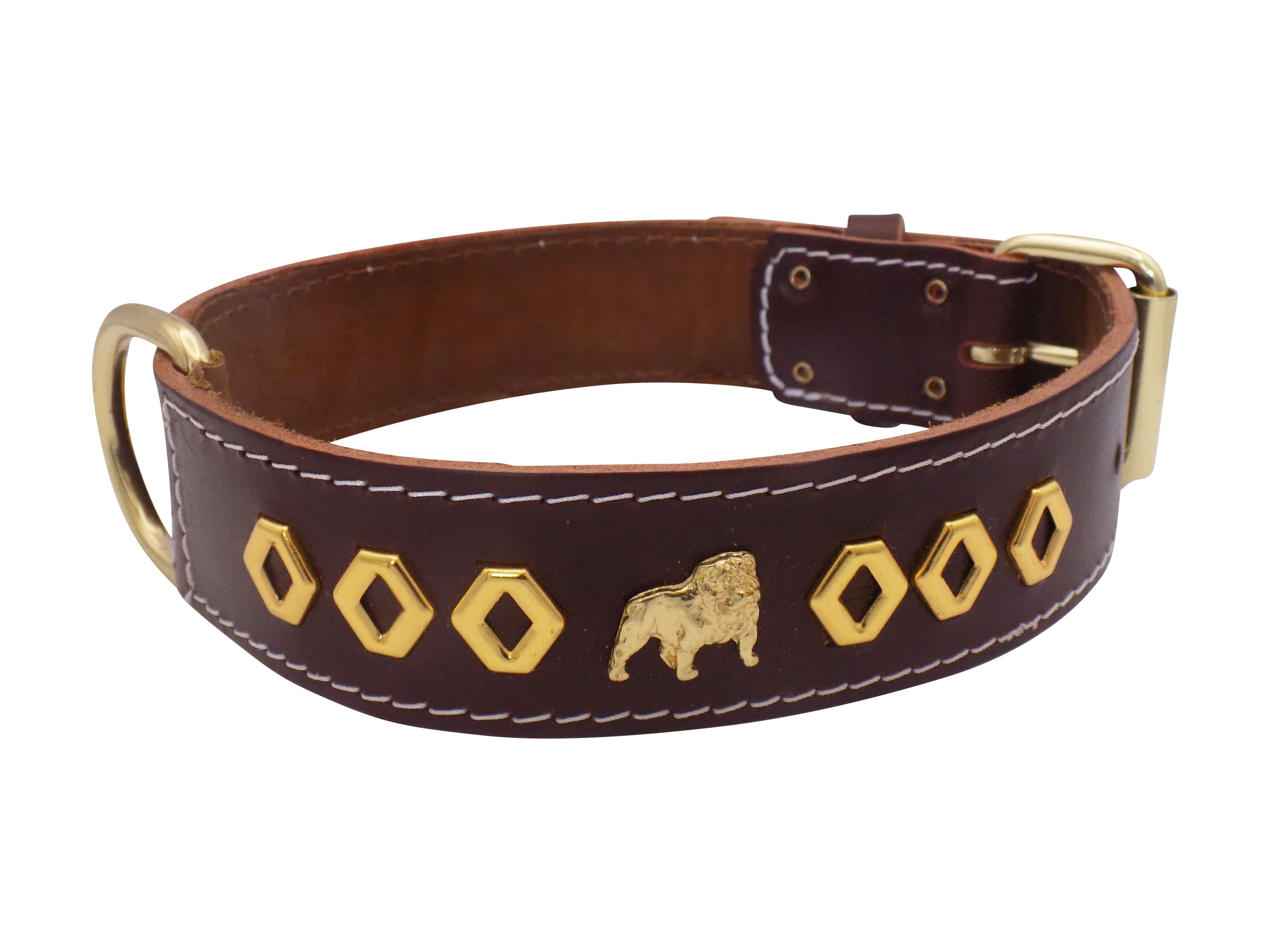 1.5" wide Leather Dog Collar with Unique Gold Design and English Bulldog Badges