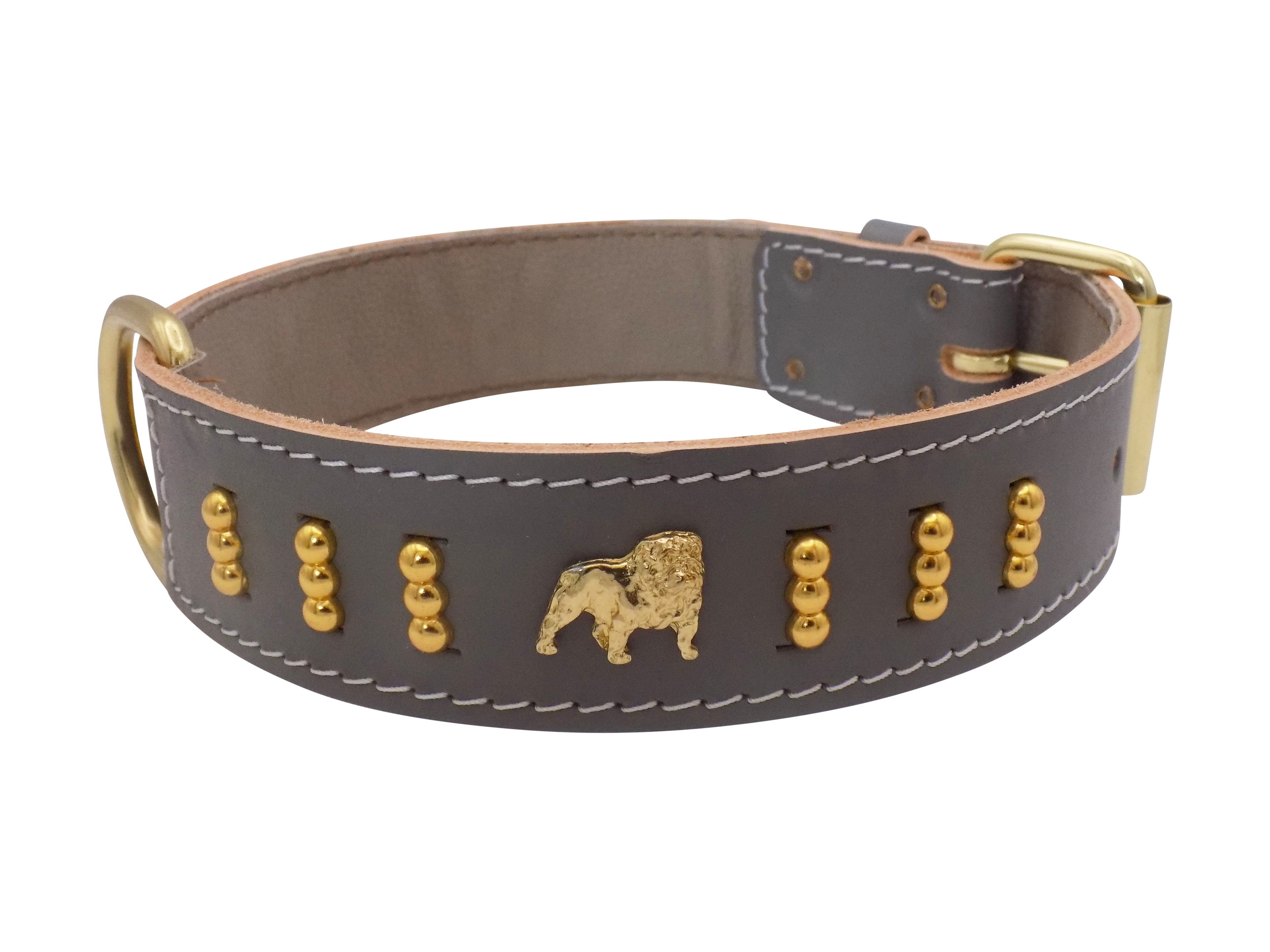 1.5" wide Leather Dog Collar with Unique Gold Design and English Bulldog Badges Style-4