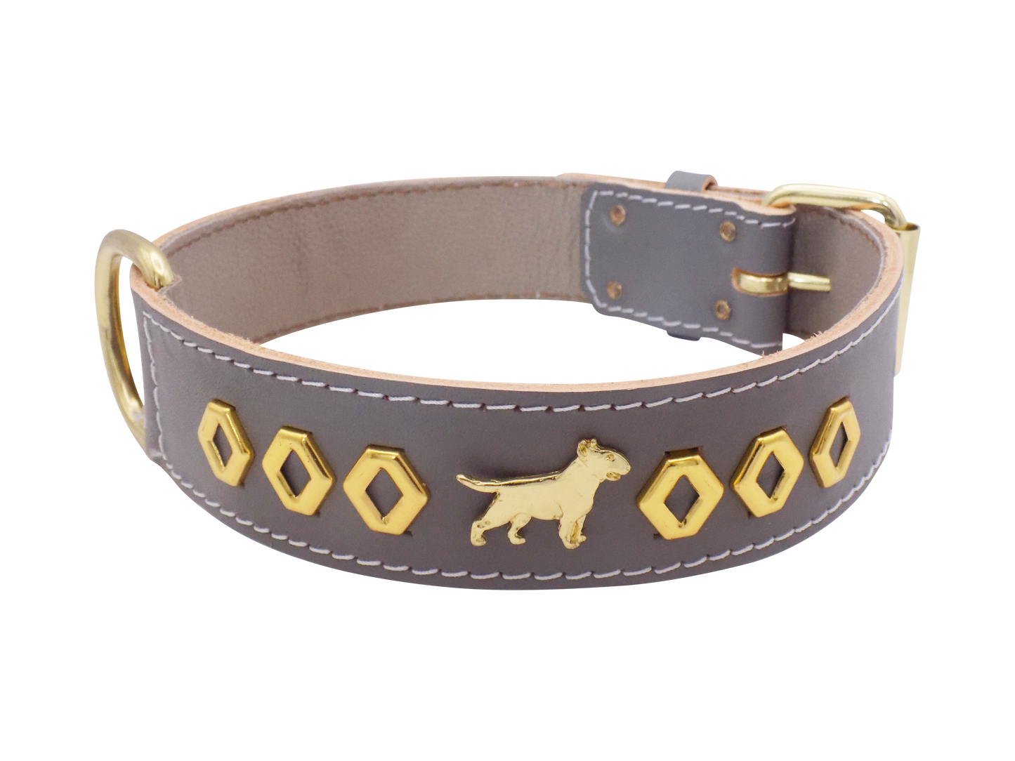 1.5" wide Leather Dog Collar with Decorative Gold Design and English Bull Terrier Badges