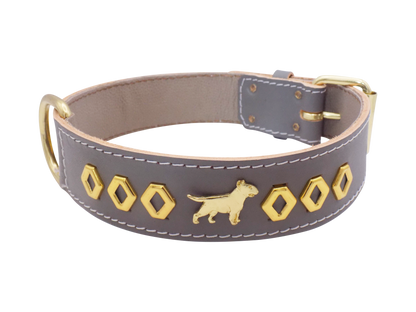 1.5" wide Leather Dog Collar with Decorative Gold Design and English Bull Terrier Badges
