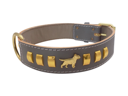 1.5" wide Leather Dog Collar with Decorative Gold Design and English Bull Terrier Badges