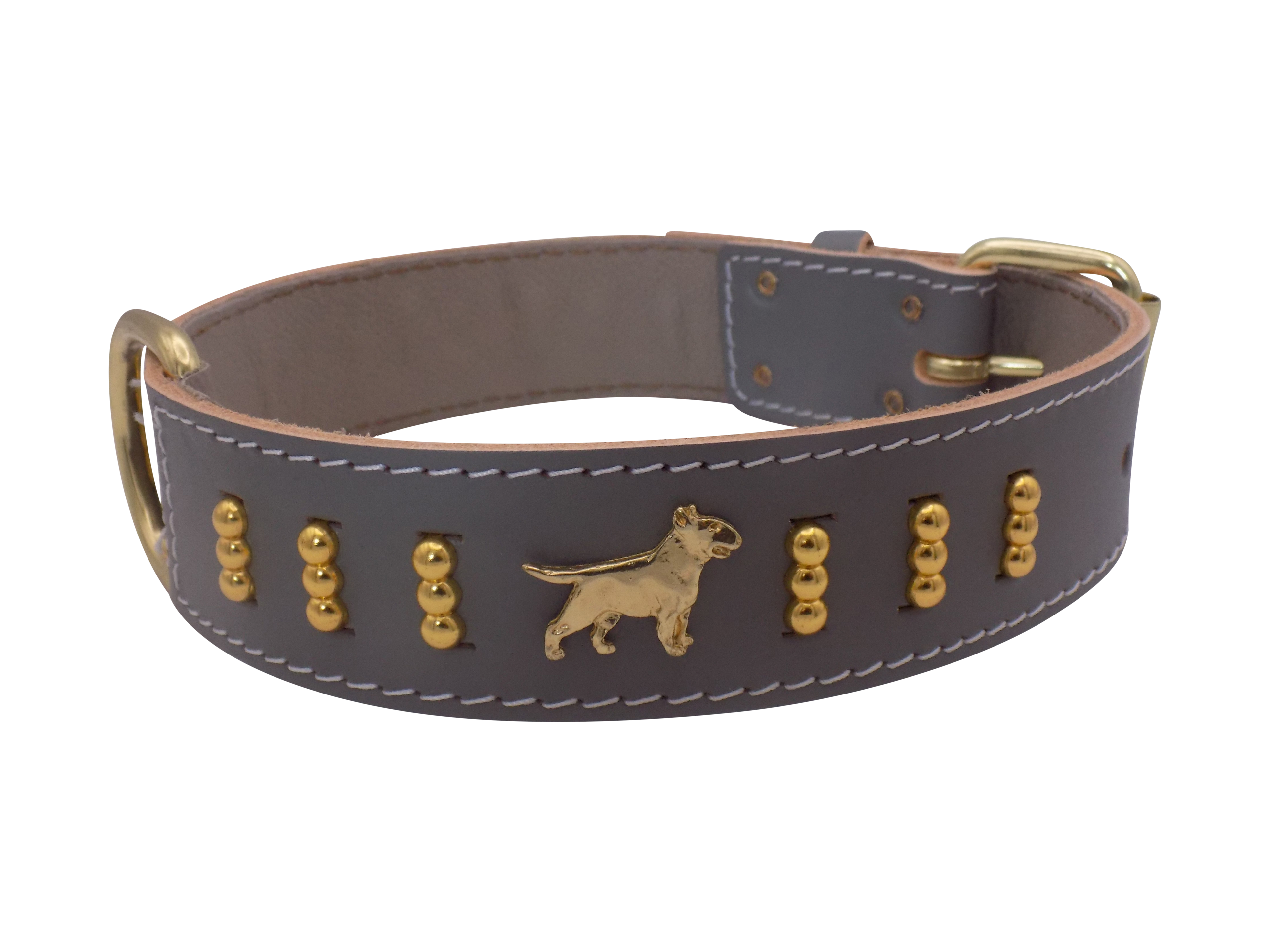 1.5" wide Leather Dog Collar with Decorative Gold Design and English Bull Terrier Badges