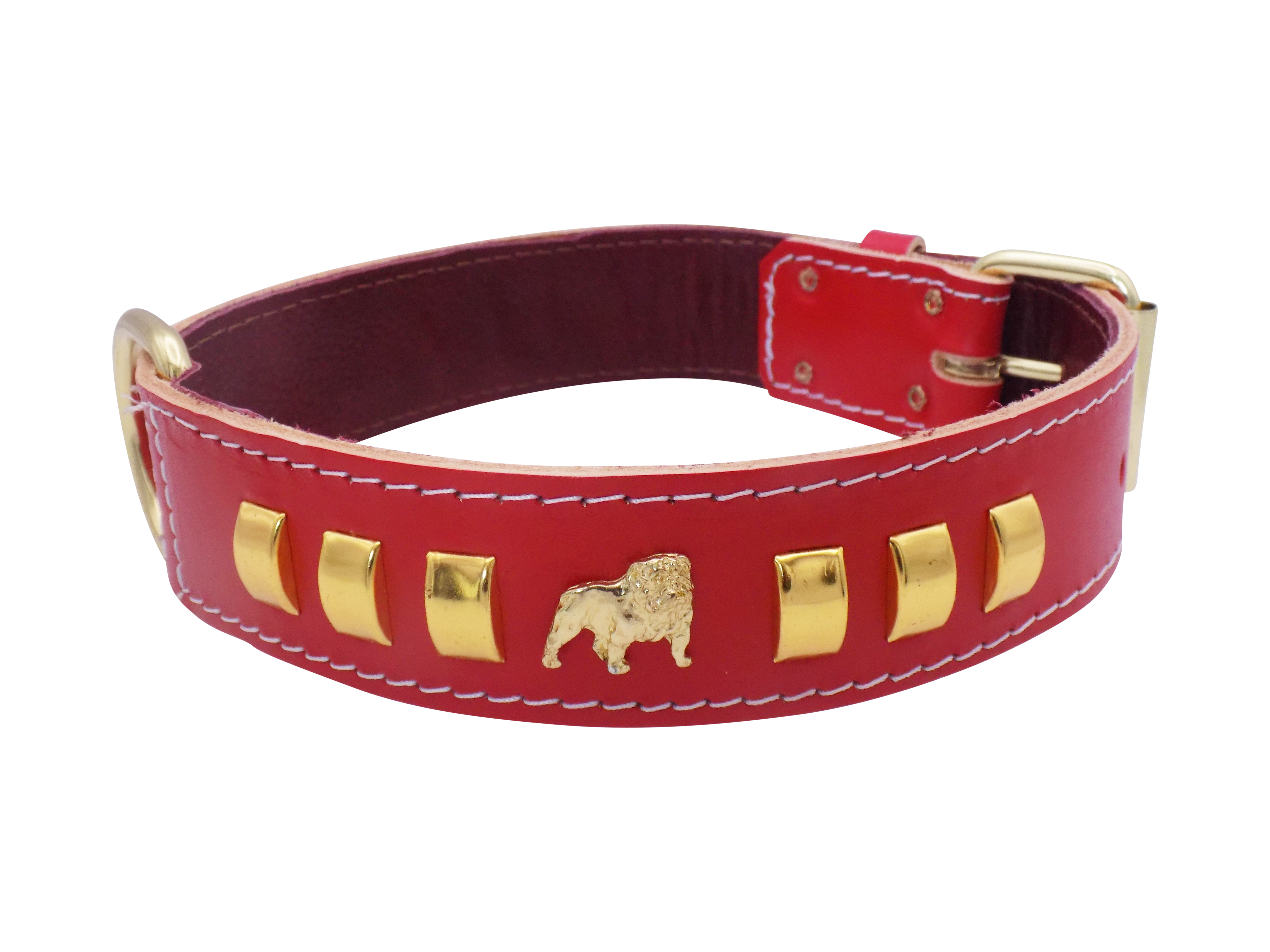 1.5" wide Leather Dog Collar with Unique Gold Design and English Bulldog Badges