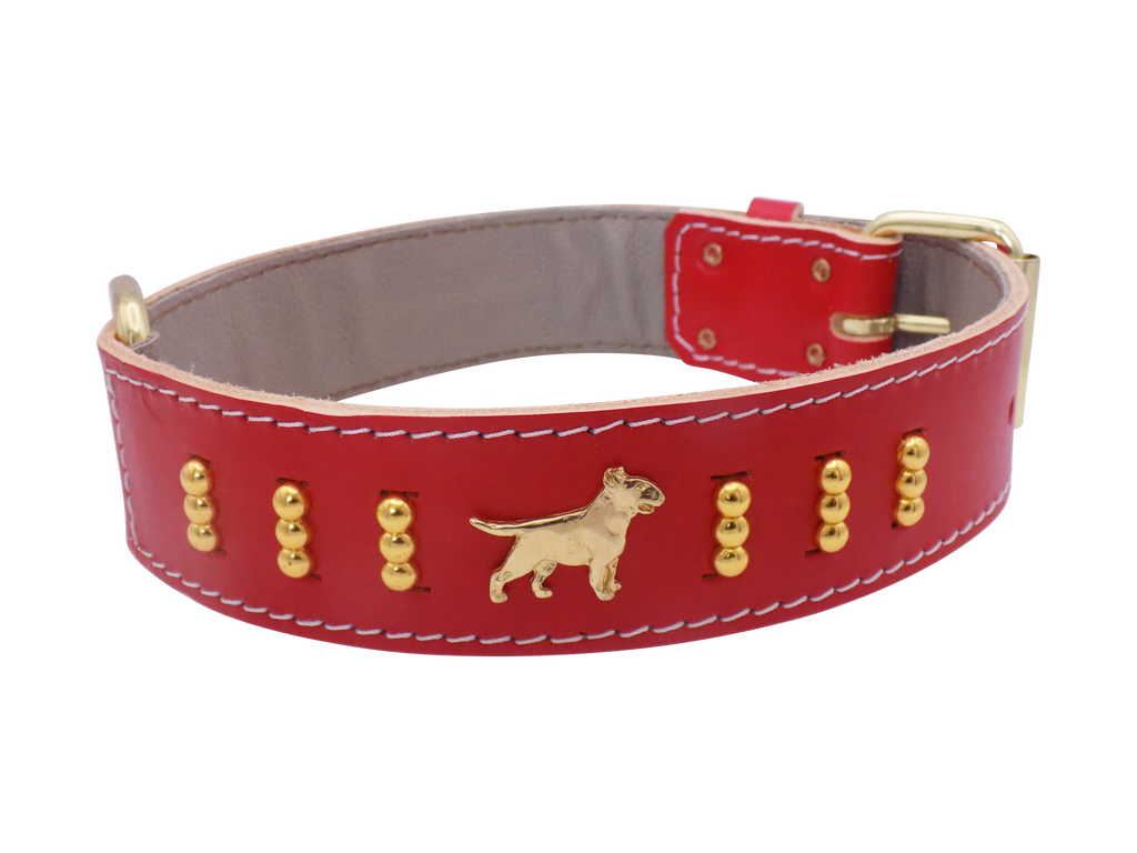 1.5" wide Leather Dog Collar with Decorative Gold Design and English Bull Terrier Badges