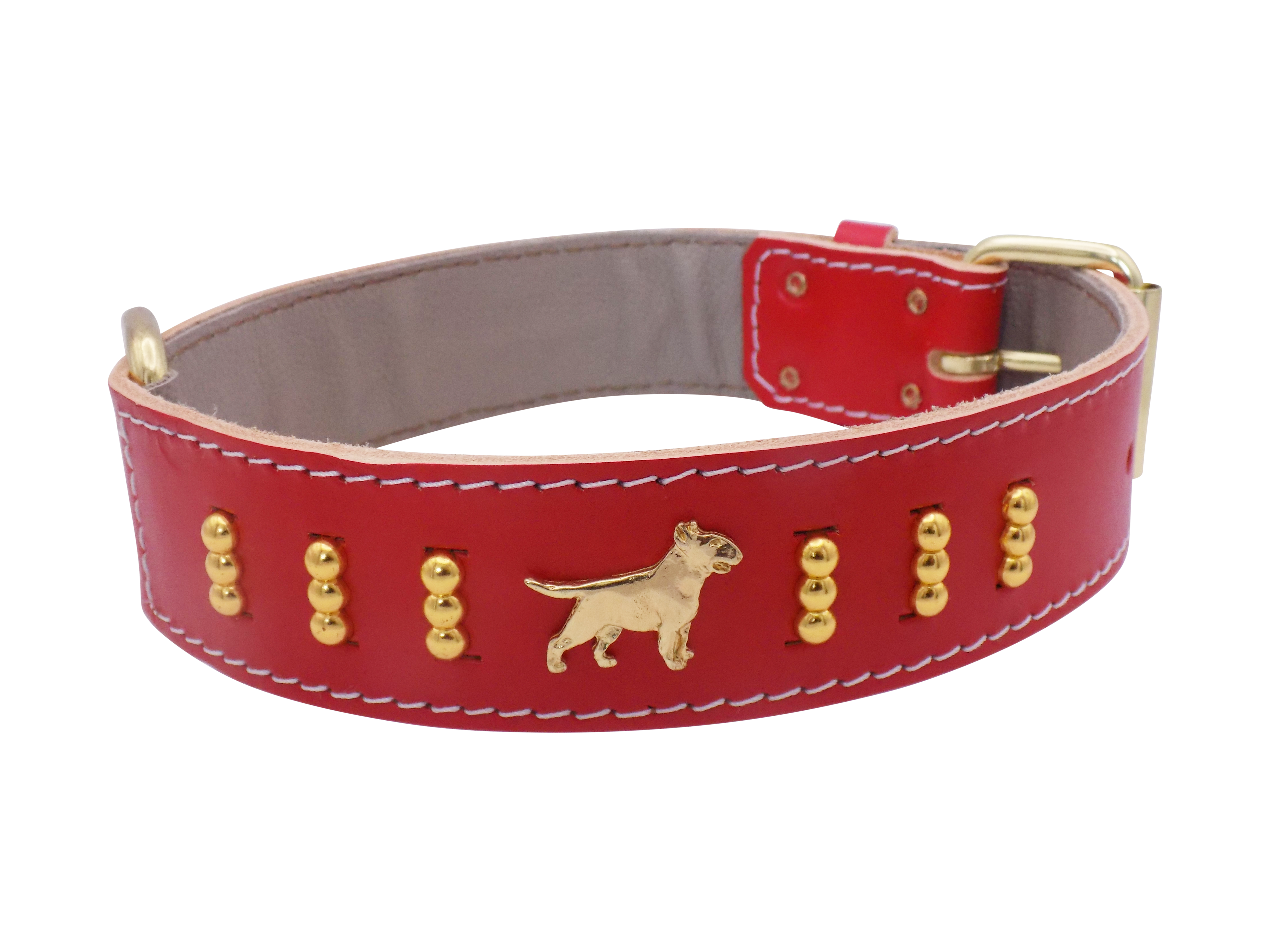 1.5" wide Leather Dog Collar with Decorative Gold Design and English Bull Terrier Badges