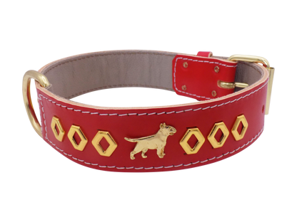 1.5" wide Leather Dog Collar with Decorative Gold Design and English Bull Terrier Badges