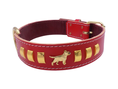 1.5" wide Leather Dog Collar with Decorative Gold Design and English Bull Terrier Badges