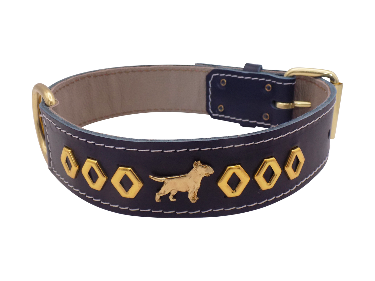 1.5" wide Leather Dog Collar with Decorative Gold Design and English Bull Terrier Badges