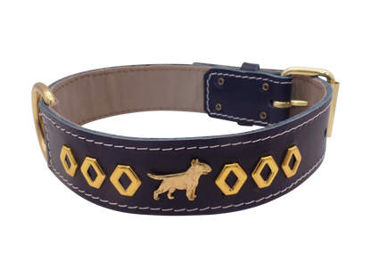 1.5" wide Leather Dog Collar with Decorative Gold Design and English Bull Terrier Badges