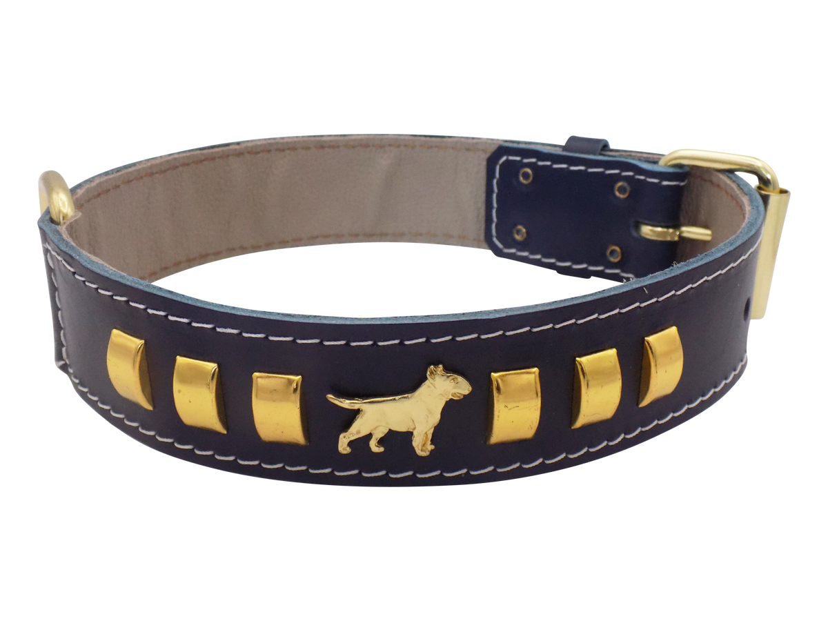 1.5" wide Leather Dog Collar with Decorative Gold Design and English Bull Terrier Badges