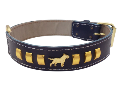 1.5" wide Leather Dog Collar with Decorative Gold Design and English Bull Terrier Badges