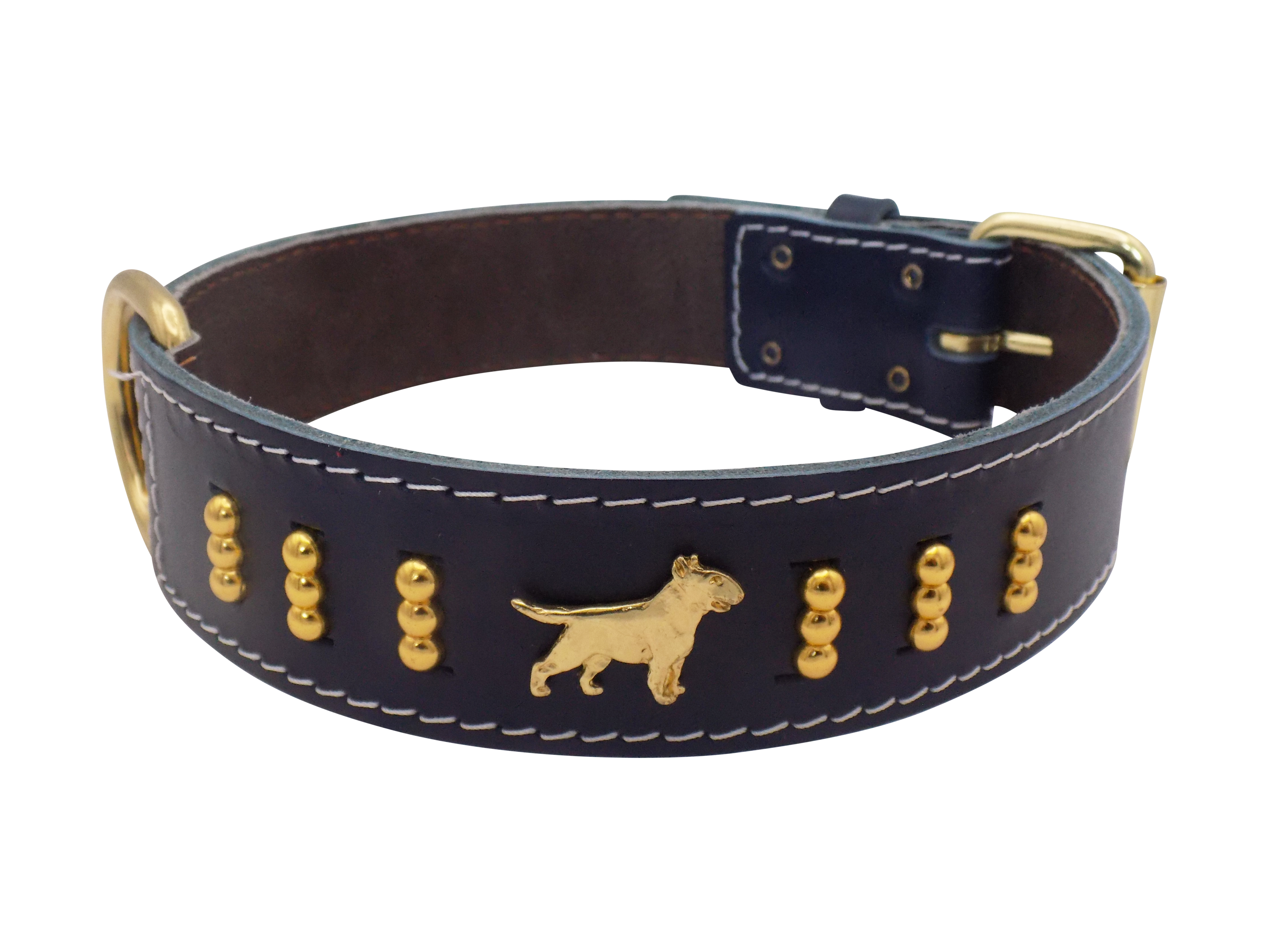 1.5" wide Leather Dog Collar with Decorative Gold Design and English Bull Terrier Badges
