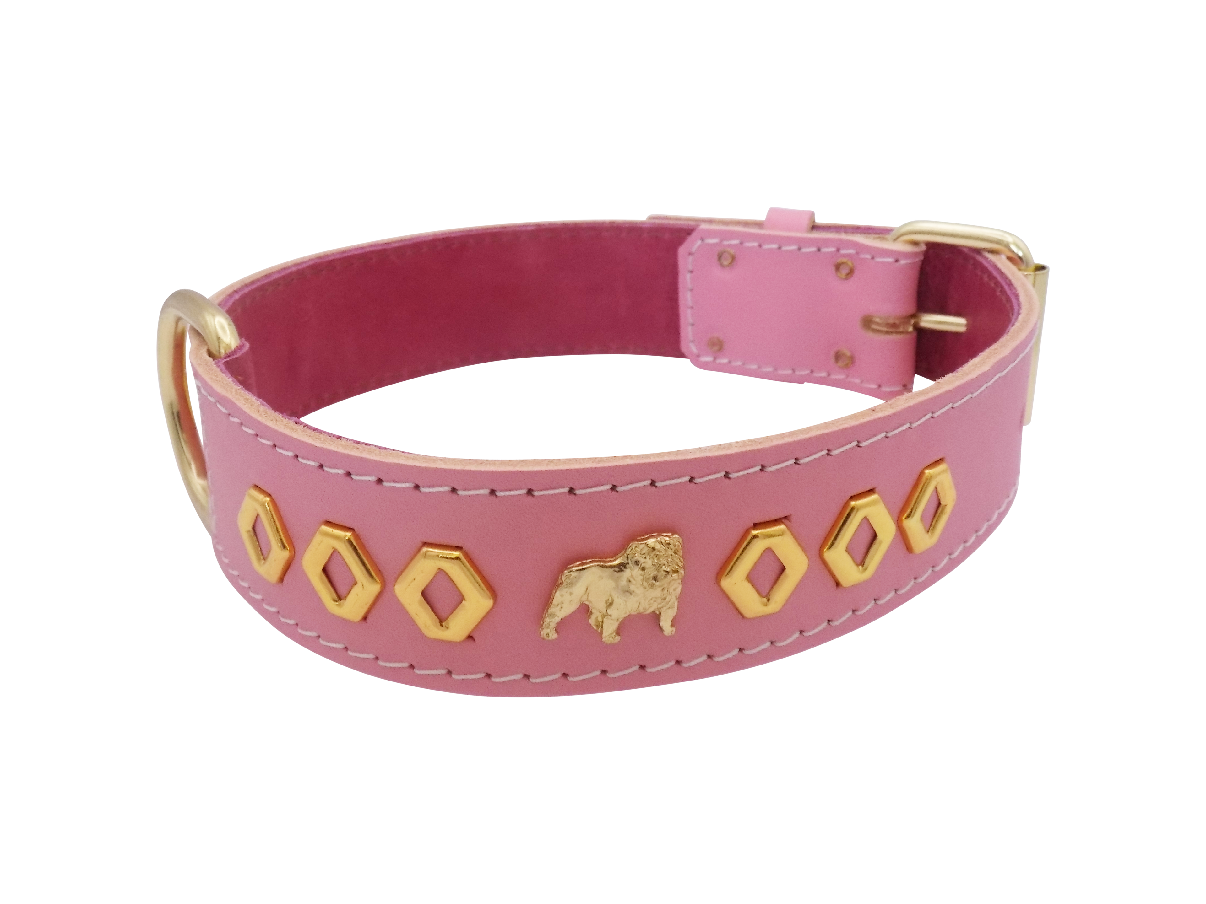 1.5" wide Leather Dog Collar with Unique Gold Design and English Bulldog Badges