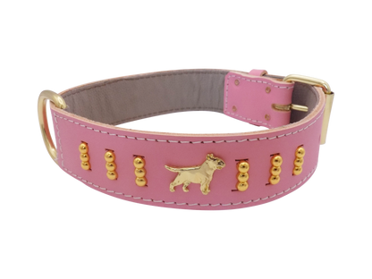 1.5" wide Leather Dog Collar with Decorative Gold Design and English Bull Terrier Badges