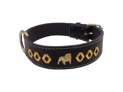 1.5" wide Leather Dog Collar with Unique Gold Design and English Bulldog Badges