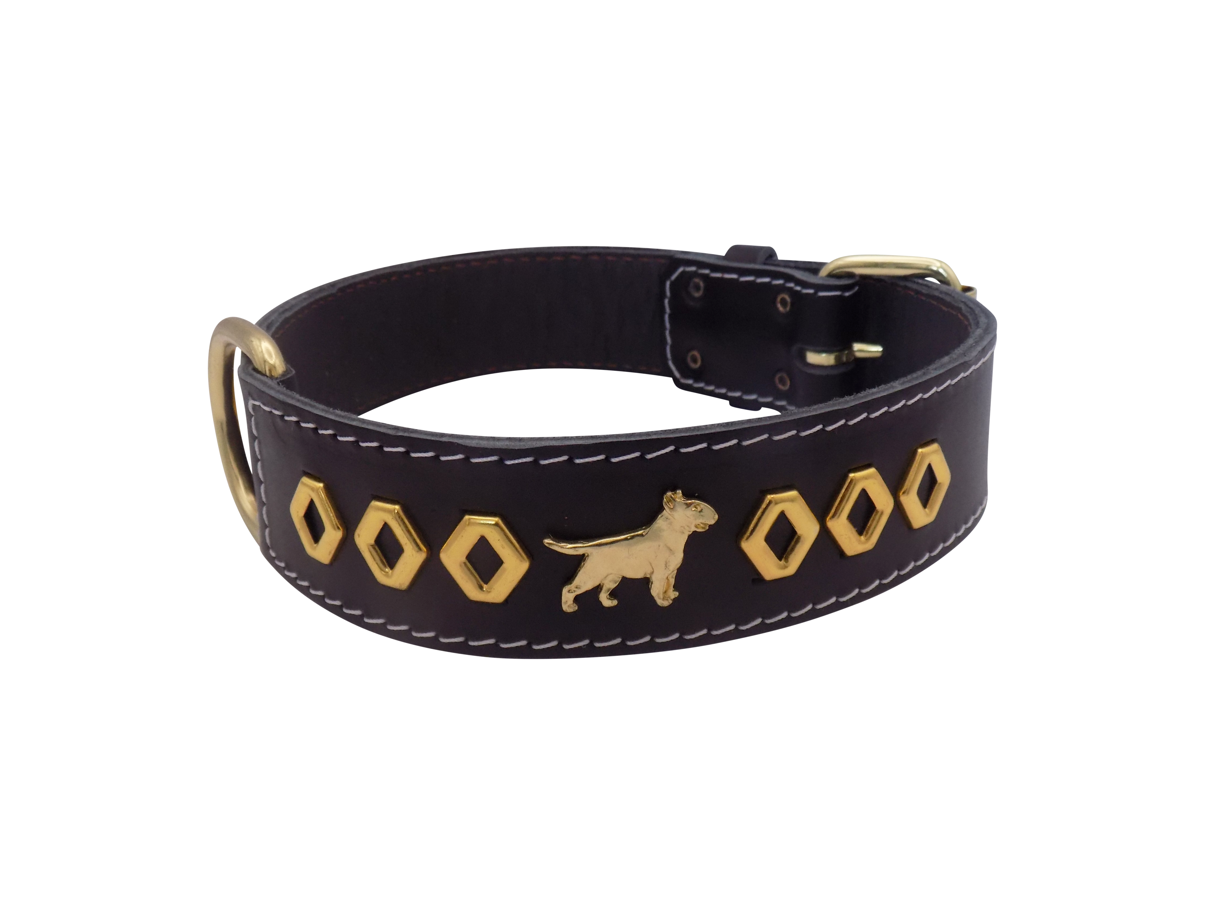 1.5" wide Leather Dog Collar with Decorative Gold Design and English Bull Terrier Badges
