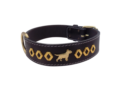 1.5" wide Leather Dog Collar with Decorative Gold Design and English Bull Terrier Badges