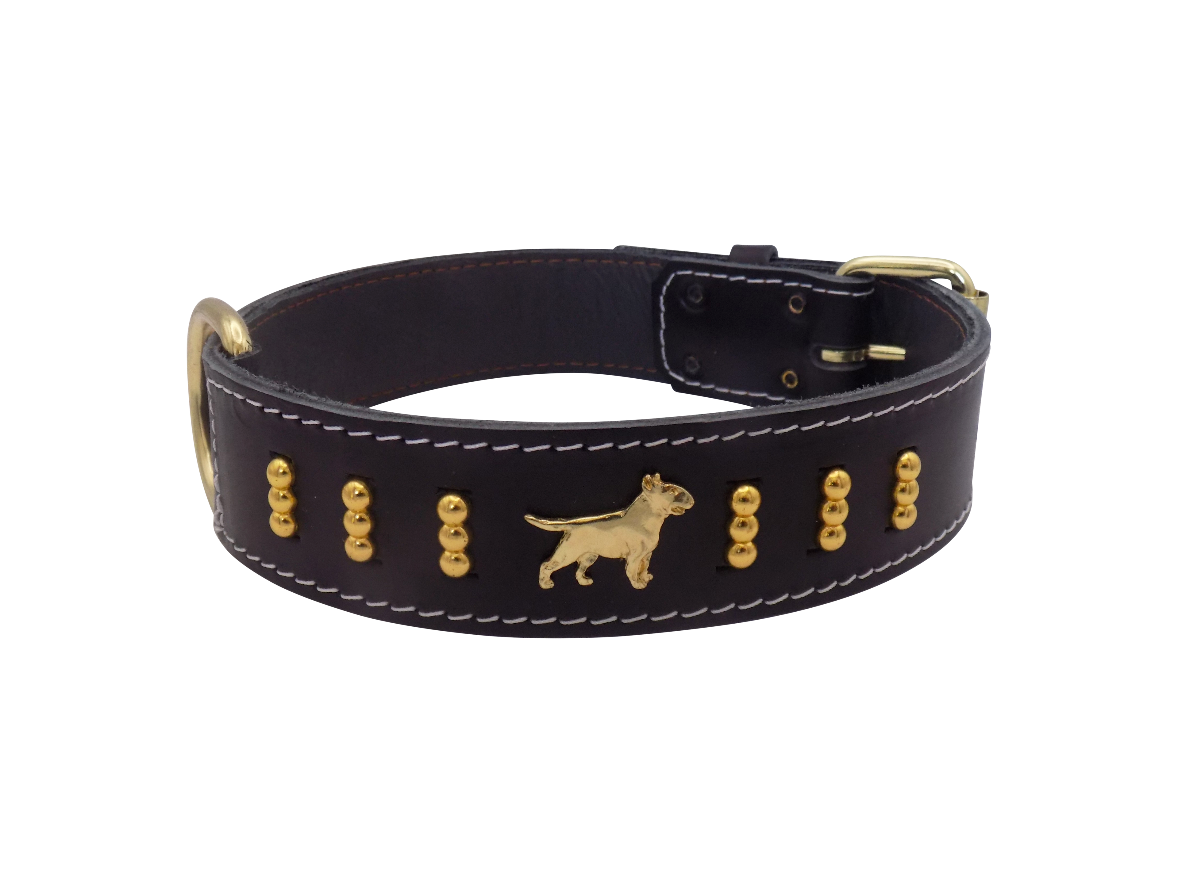 1.5" wide Leather Dog Collar with Decorative Gold Design and English Bull Terrier Badges