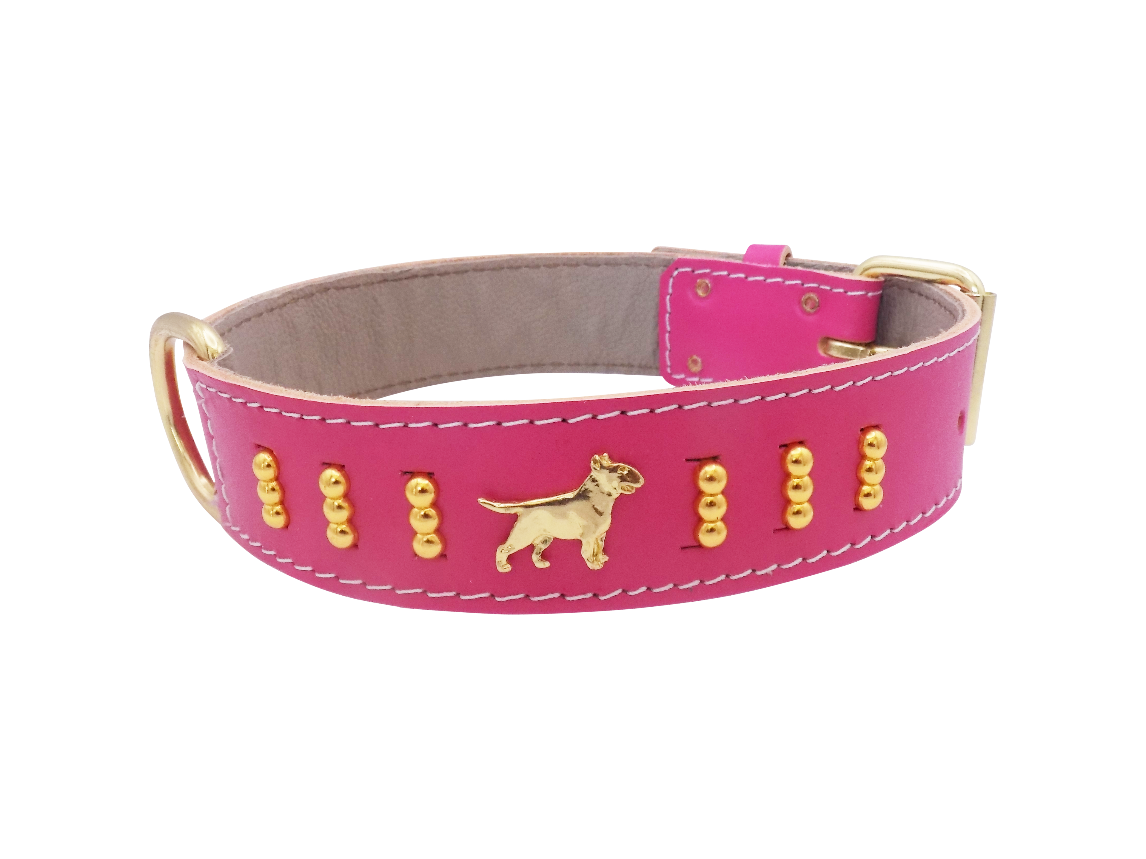 1.5" wide Leather Dog Collar with Decorative Gold Design and English Bull Terrier Badges