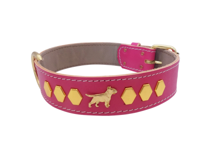 1.5" wide Leather Dog Collar with Decorative Gold Design and English Bull Terrier Badges