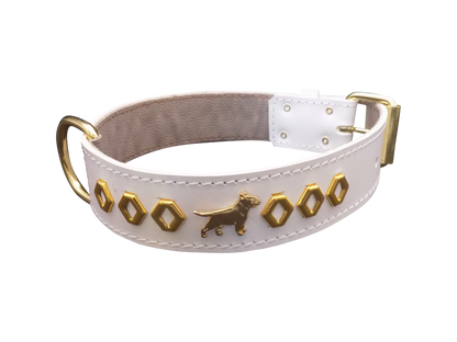 1.5" wide Leather Dog Collar with Decorative Gold Design and English Bull Terrier Badges
