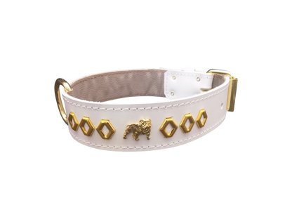1.5" wide Leather Dog Collar with Unique Gold Design and English Bulldog Badges