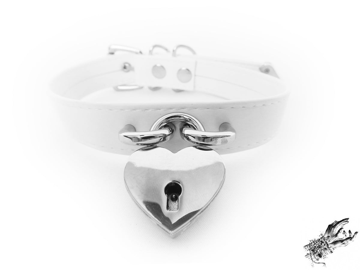 White Faux Leather Heart Padlock Choker