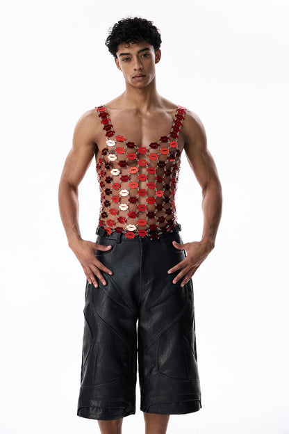 Dark Alloy Red Lips Acrylic Chain Sleeveless Top