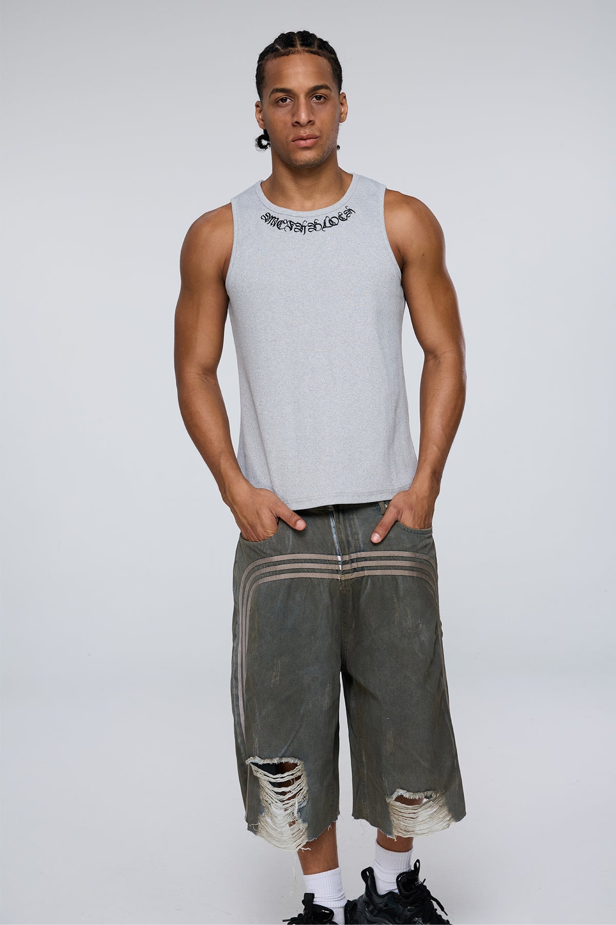 Dark Constant Embroidered Tank Top Grey