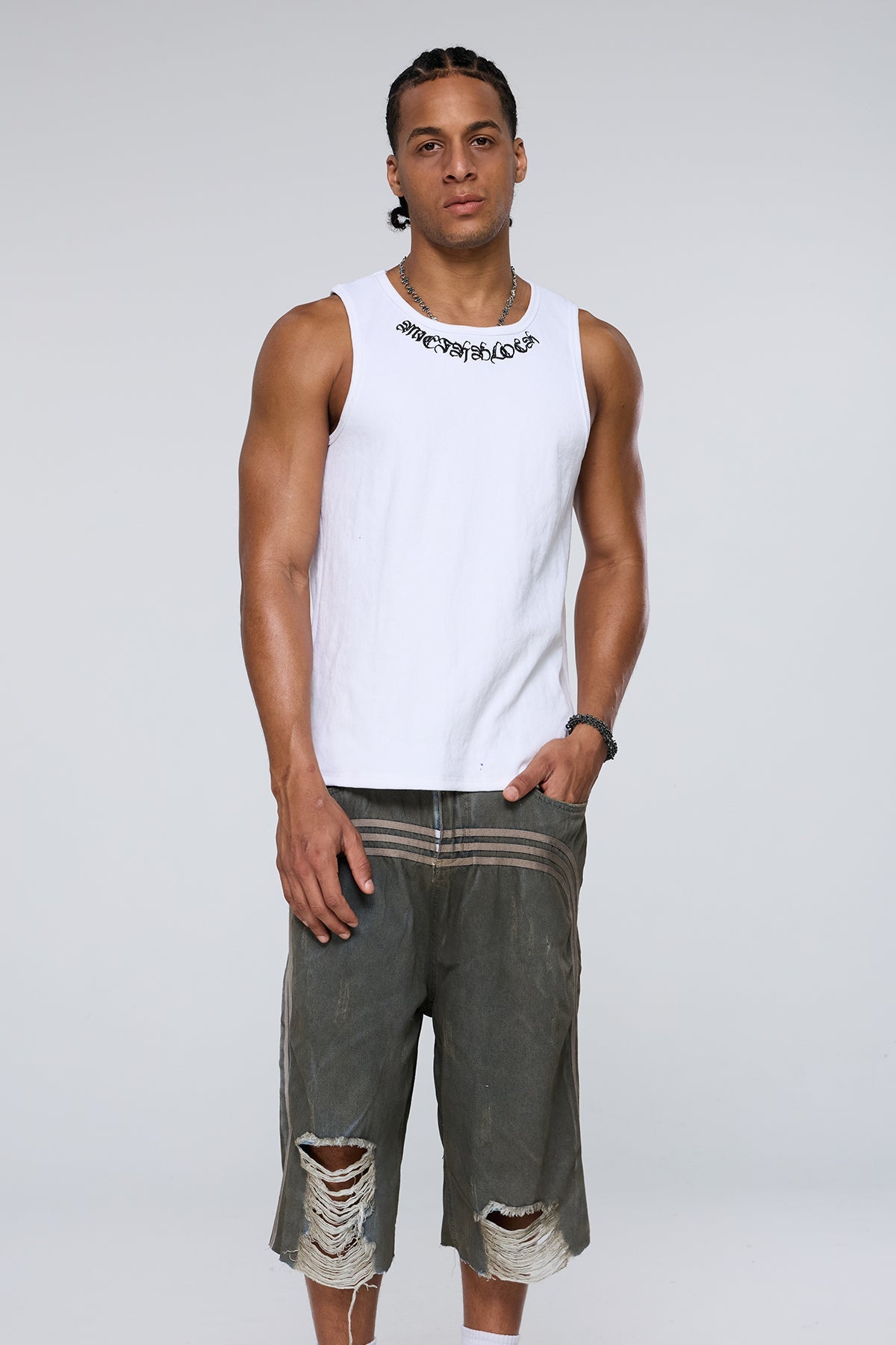 Dark Constant Embroidered Tank Top White
