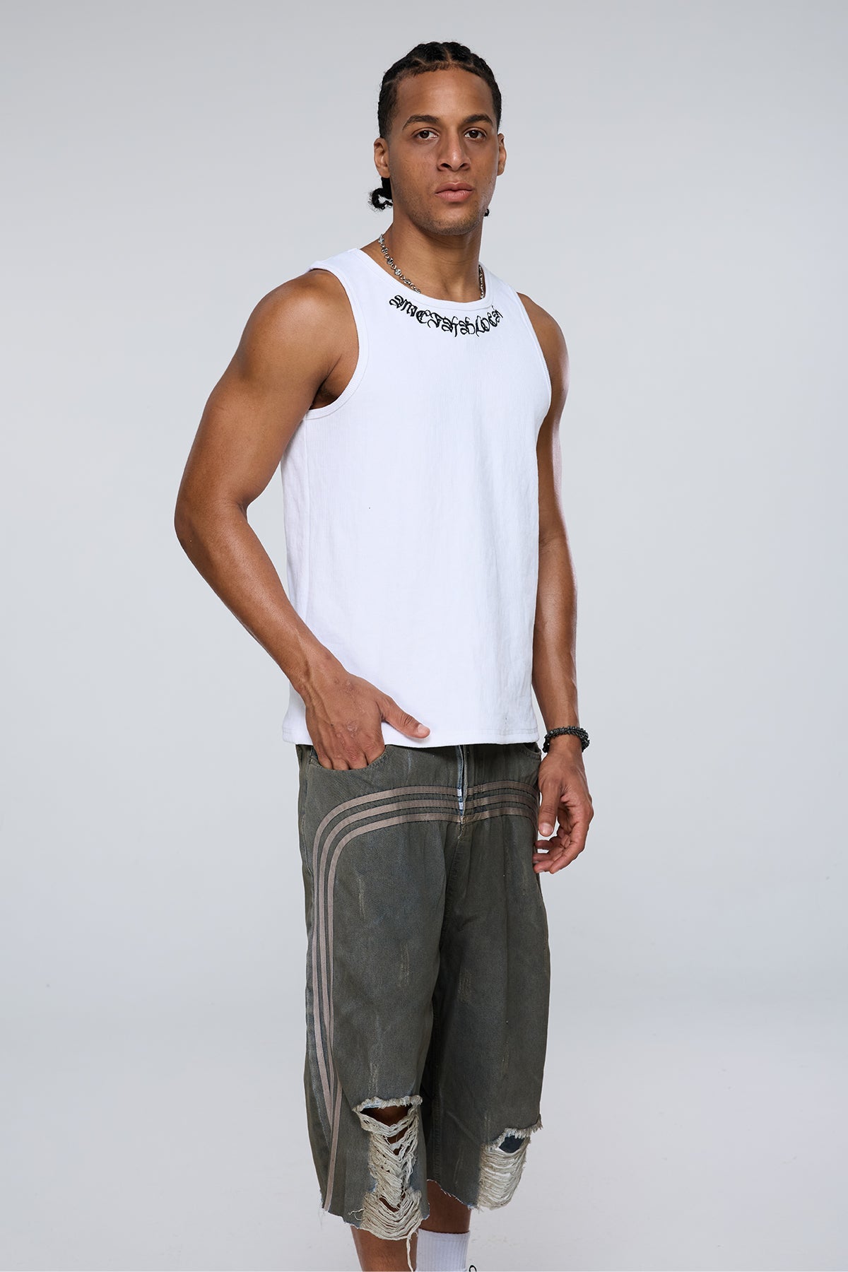 Dark Constant Embroidered Tank Top White