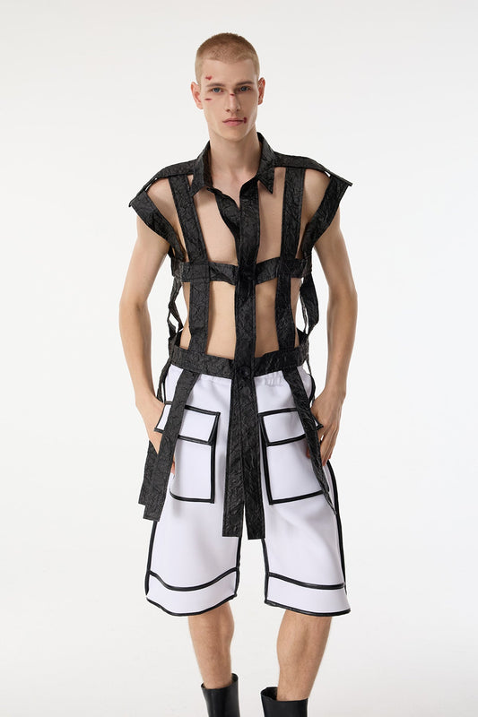 Dark Mesh Sleeveless Cutout Shirts Black