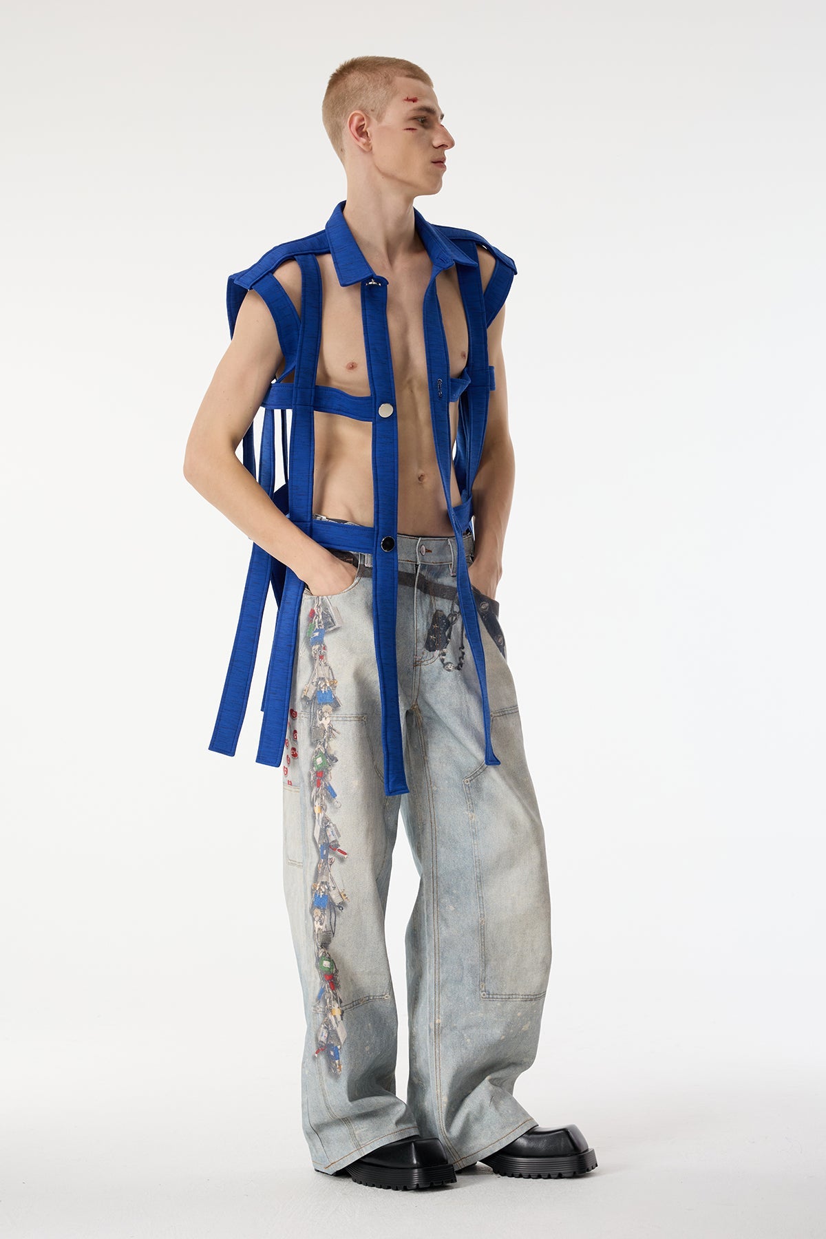 Dark Mesh Sleeveless Cutout Shirts Dark Blue