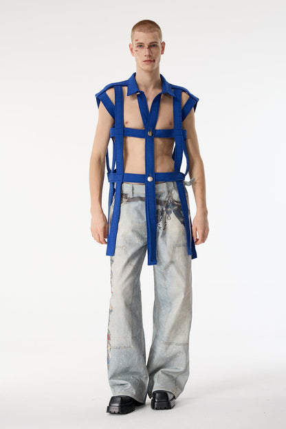 Dark Mesh Sleeveless Cutout Shirts Dark Blue